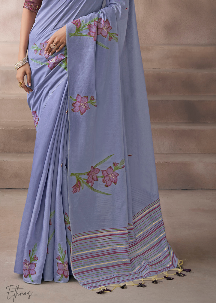 Periwinkle Lavender Meadow Flora Viscose Silk Saree