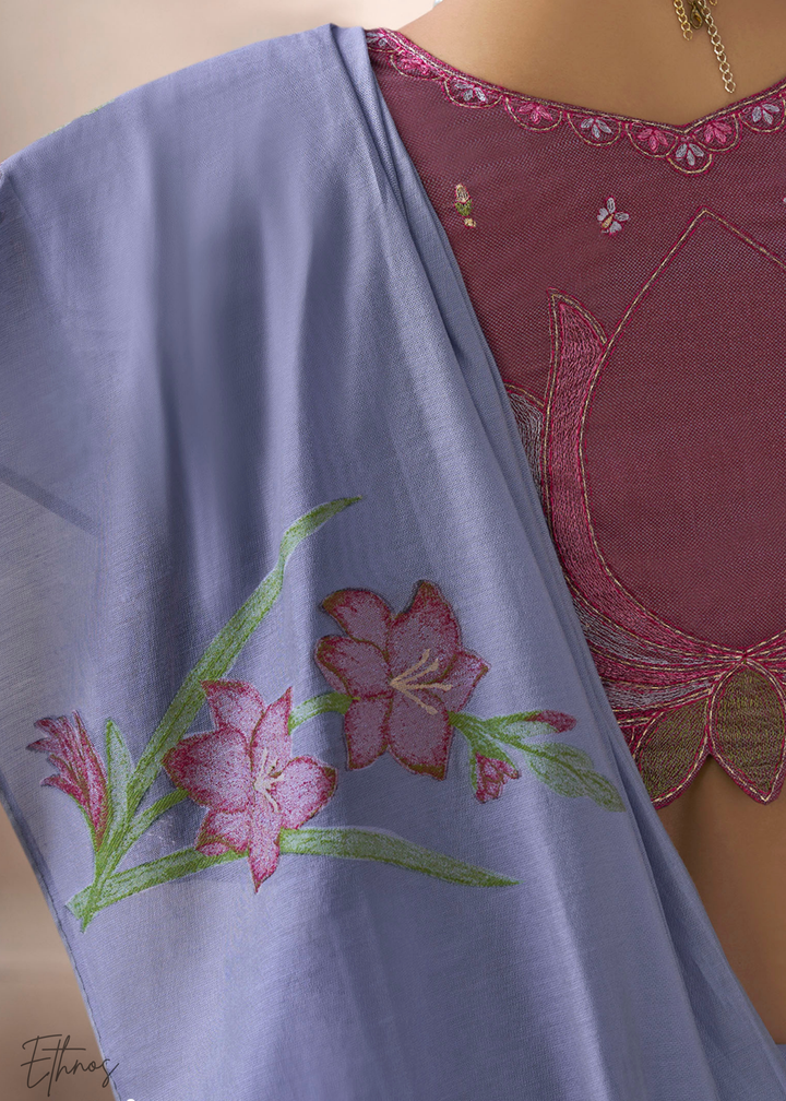 Periwinkle Lavender Meadow Flora Viscose Silk Saree