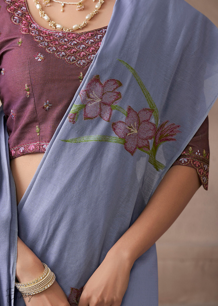 Periwinkle Lavender Meadow Flora Viscose Silk Saree