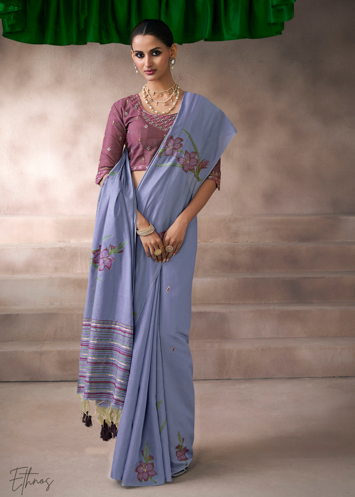 Periwinkle Lavender Meadow Flora Viscose Silk Saree