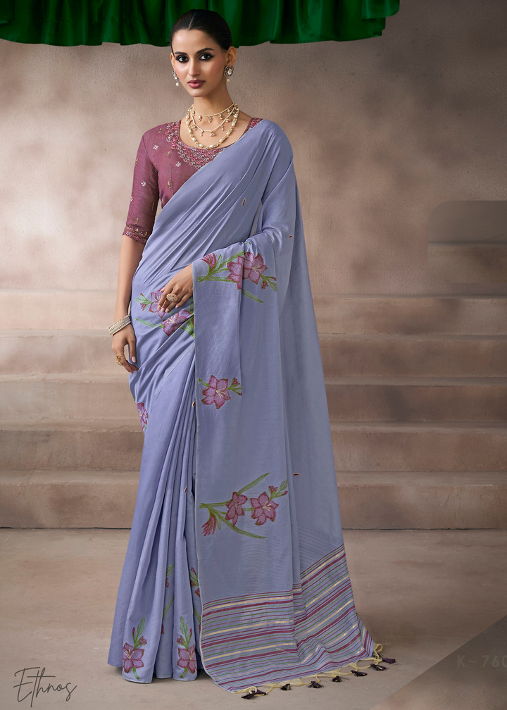 Periwinkle Lavender Meadow Flora Viscose Silk Saree