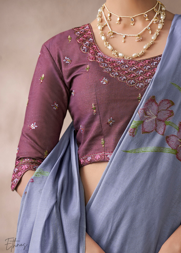 Periwinkle Lavender Meadow Flora Viscose Silk Saree