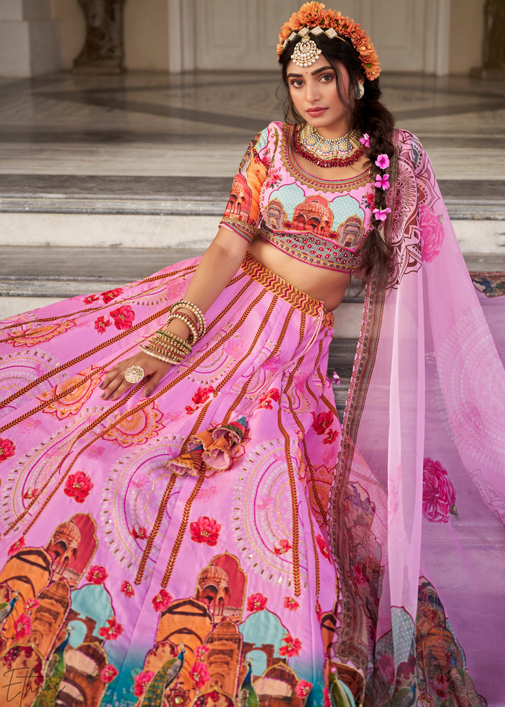 Pink Architectural-Print Silk Lehenga