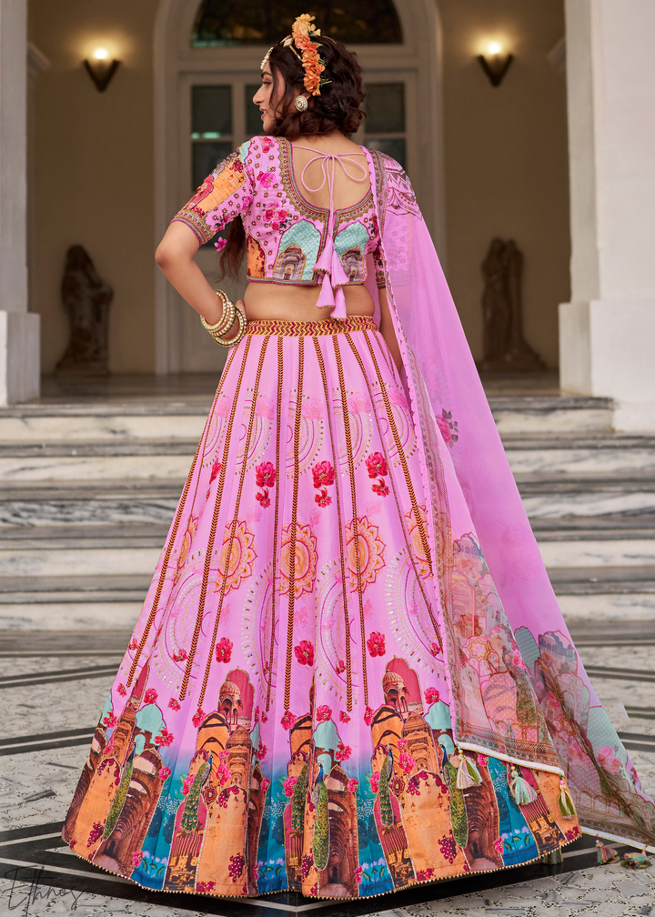 Pink Architectural-Print Silk Lehenga