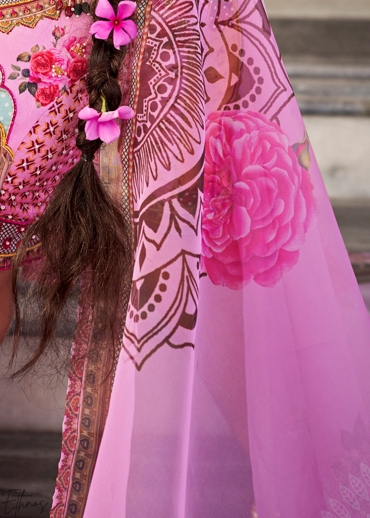 Pink Architectural-Print Silk Lehenga
