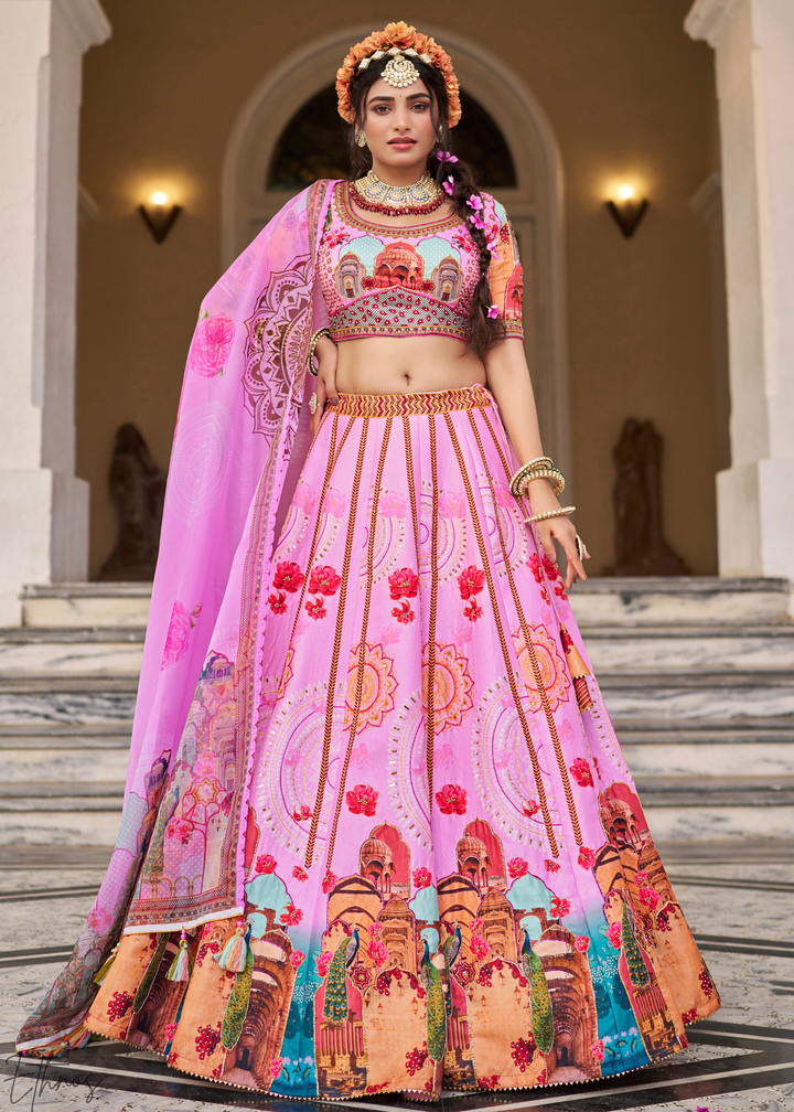 Pink Architectural-Print Silk Lehenga