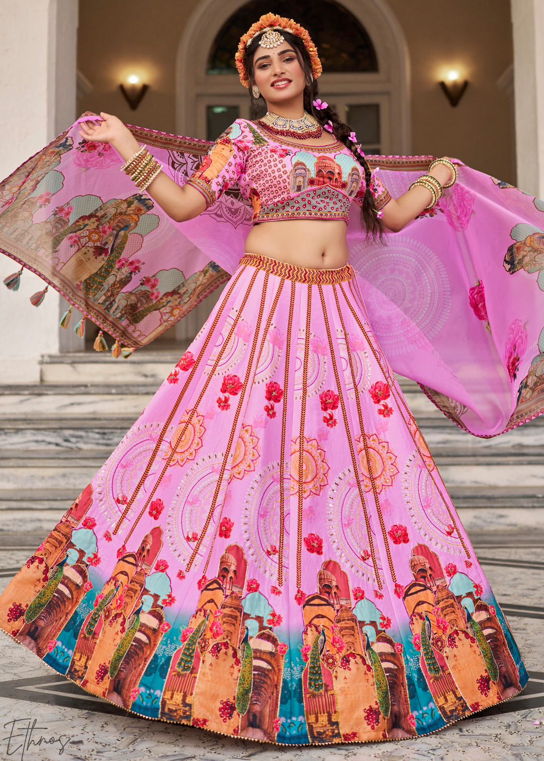 Pink Architectural-Print Silk Lehenga