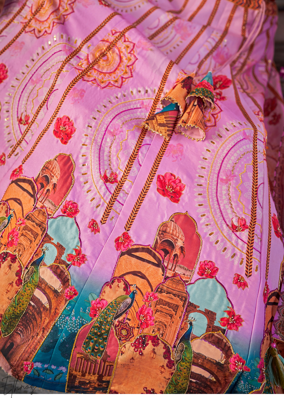 Pink Architectural-Print Silk Lehenga