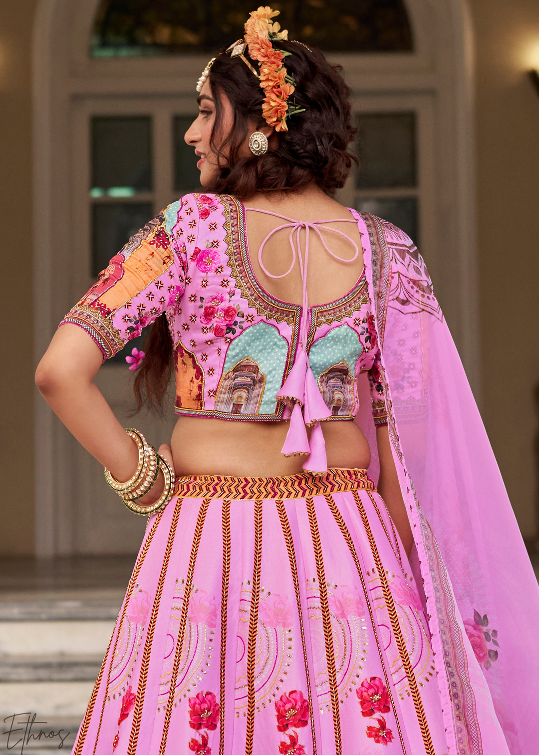 Pink Architectural-Print Silk Lehenga