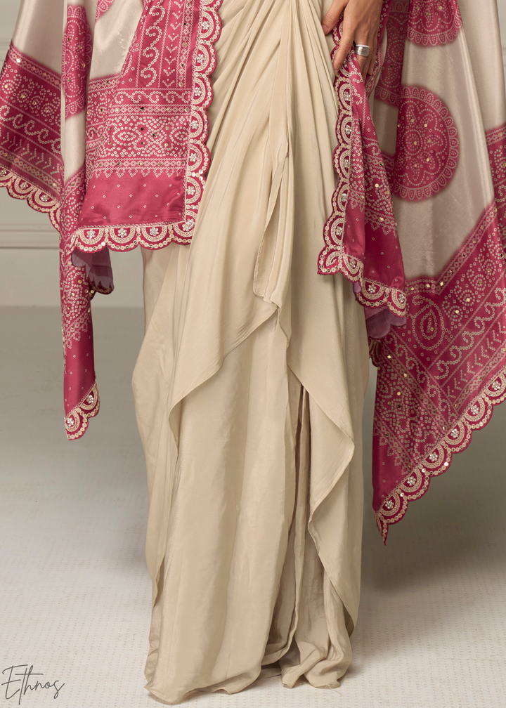 Pink Border Foil Printed Chinon Cape Cowl Set