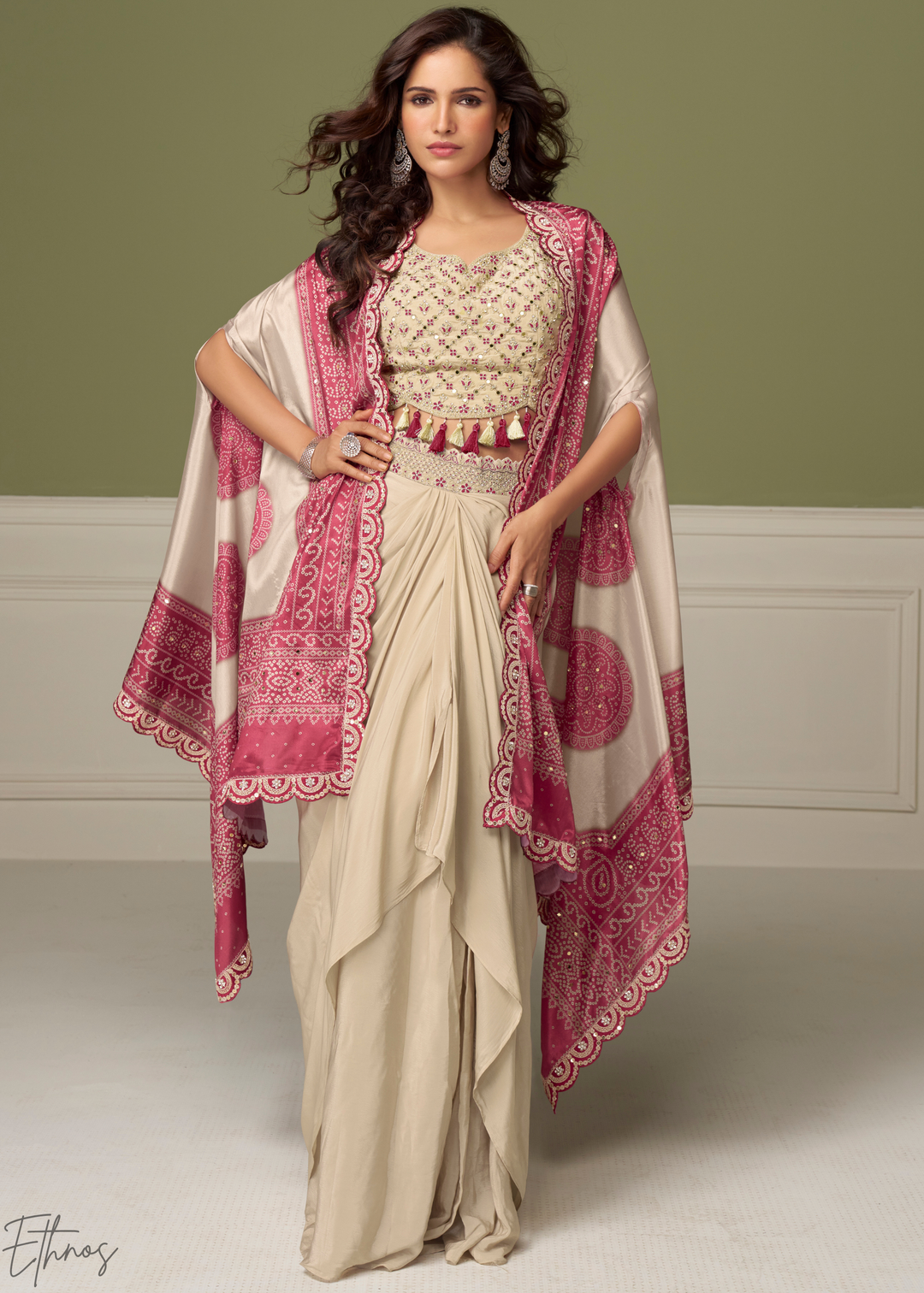 Pink Border Foil Printed Chinon Cape Cowl Set