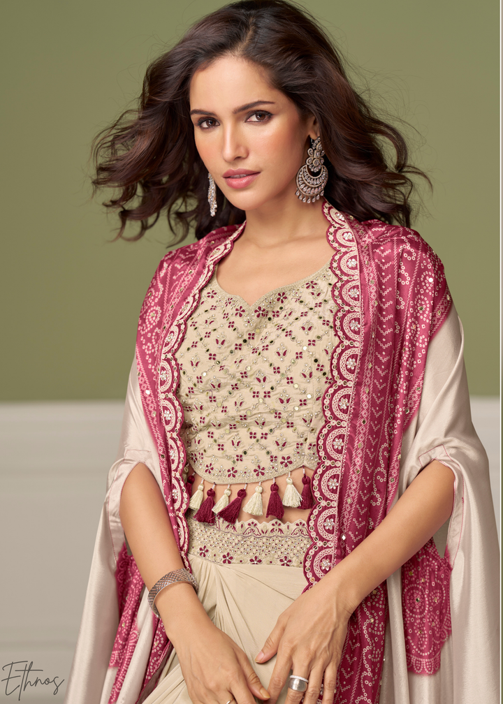 Pink Border Foil Printed Chinon Cape Cowl Set