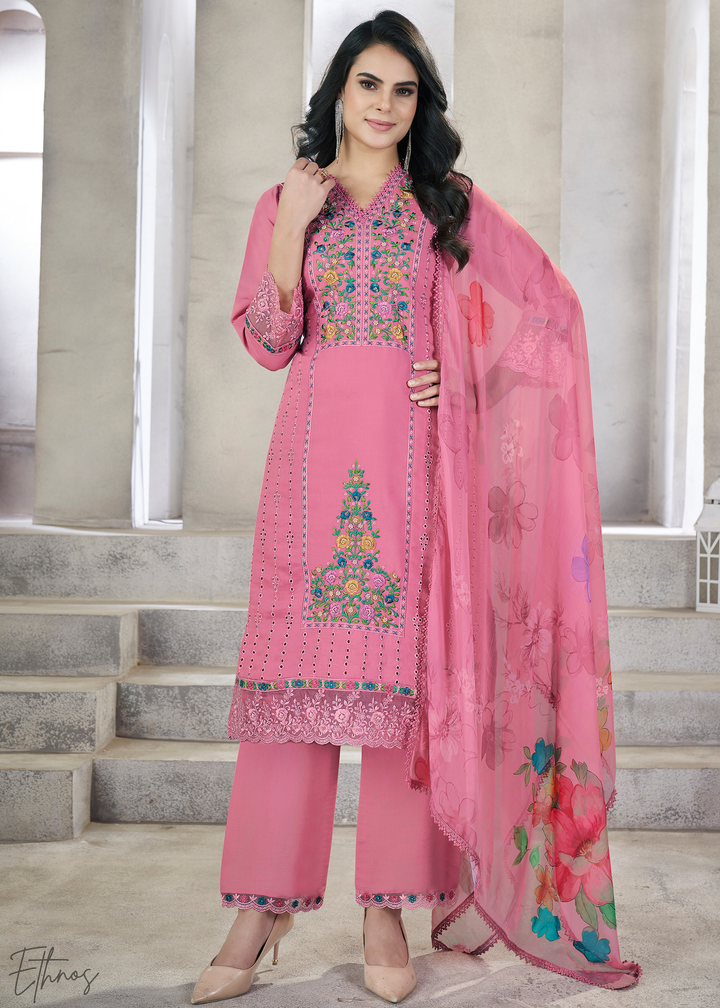 Pink Embellished Flora Silk Palazzo Suit