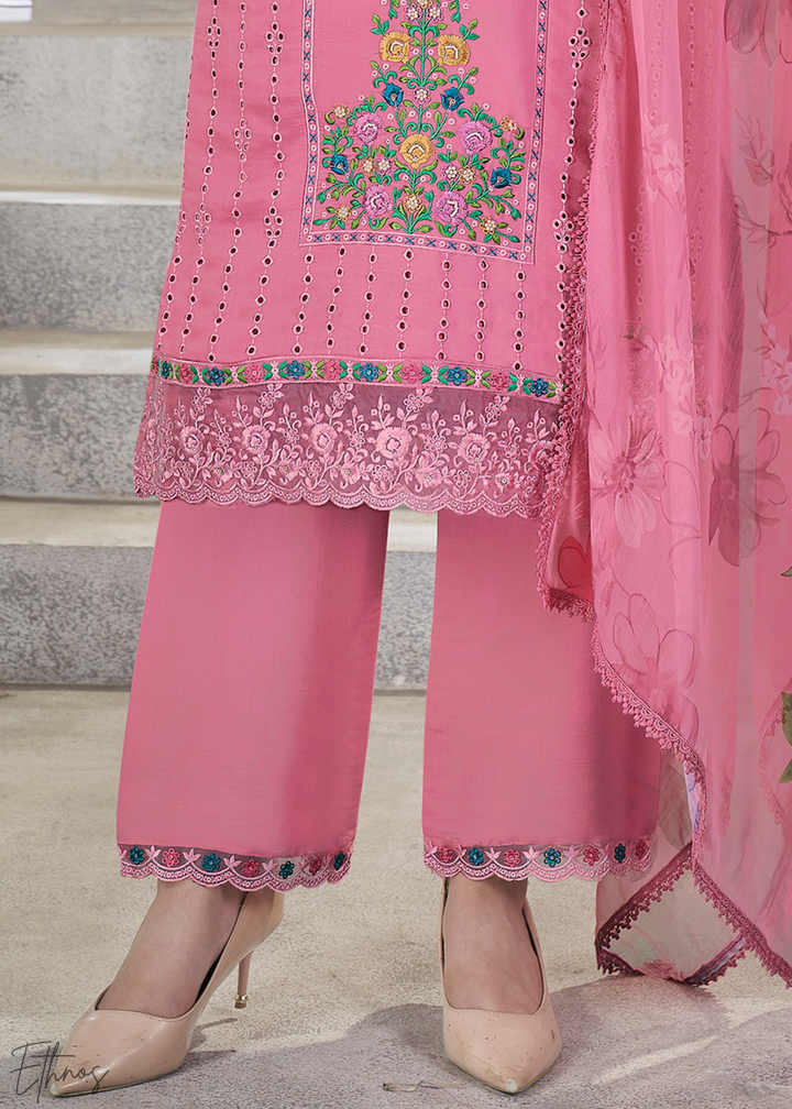 Pink Embellished Flora Silk Palazzo Suit
