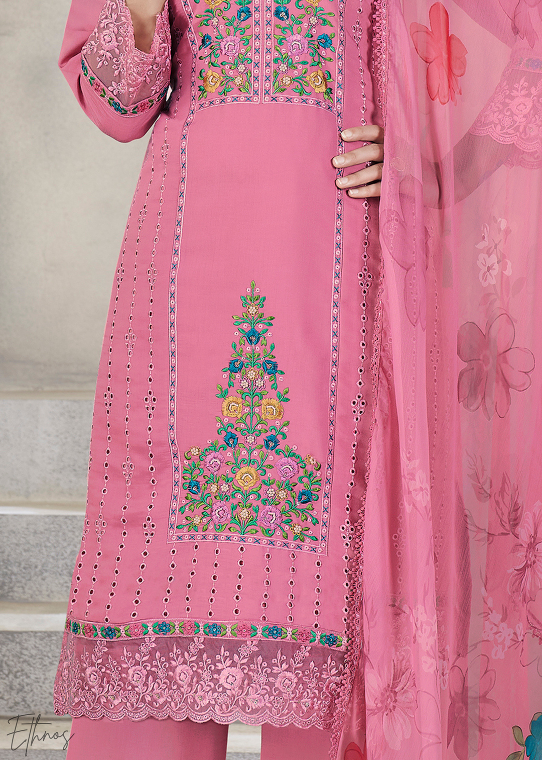 Pink Embellished Flora Silk Palazzo Suit