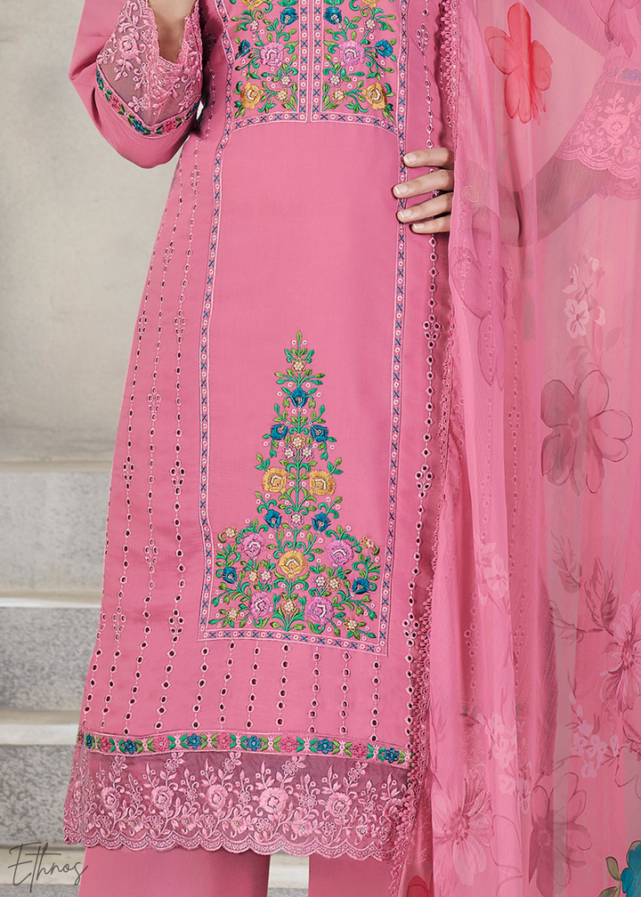 Pink Embellished Flora Silk Palazzo Suit