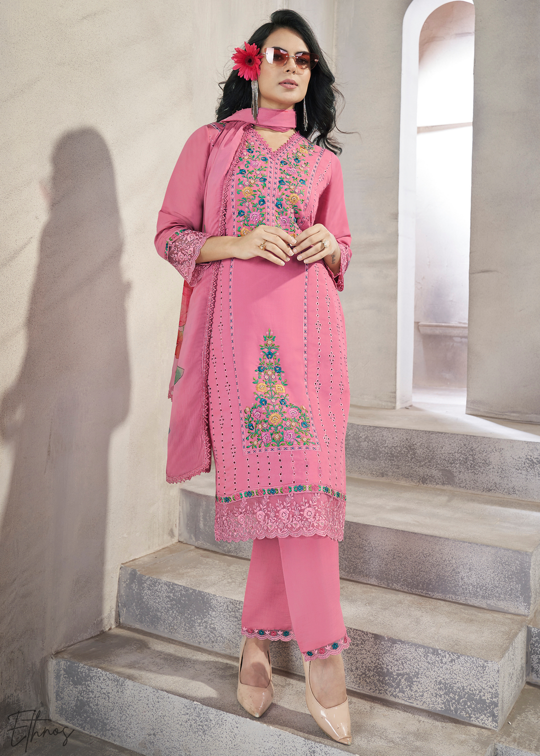 Pink Embellished Flora Silk Palazzo Suit