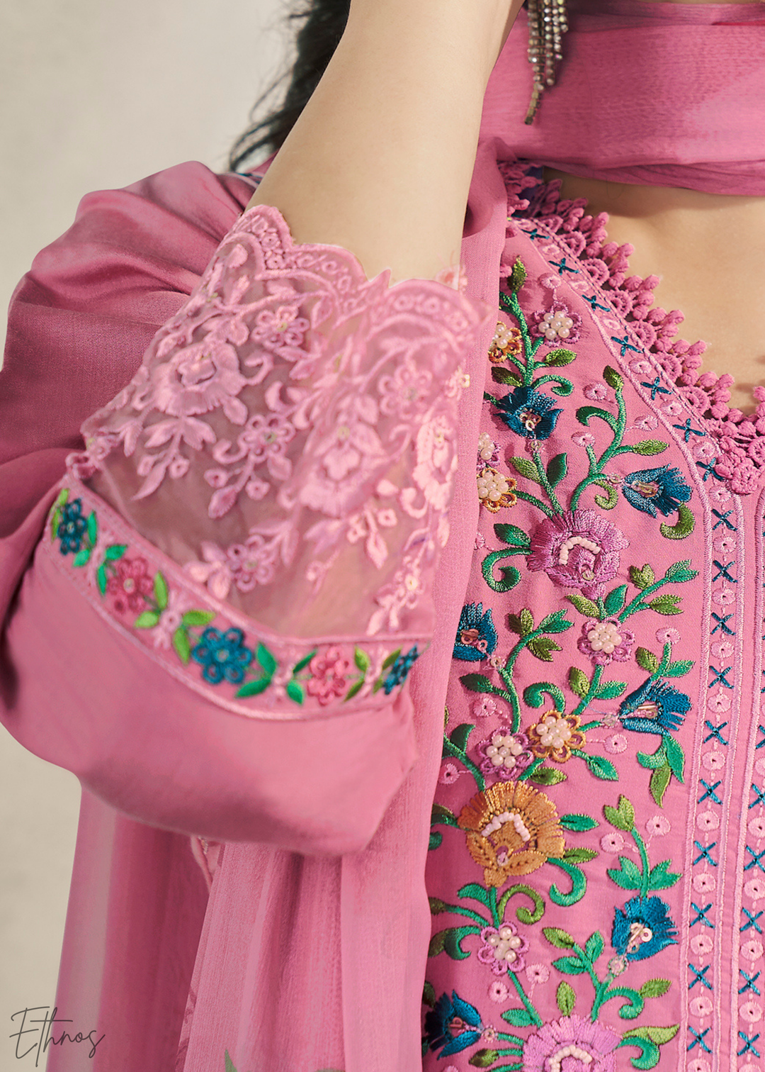 Pink Embellished Flora Silk Palazzo Suit
