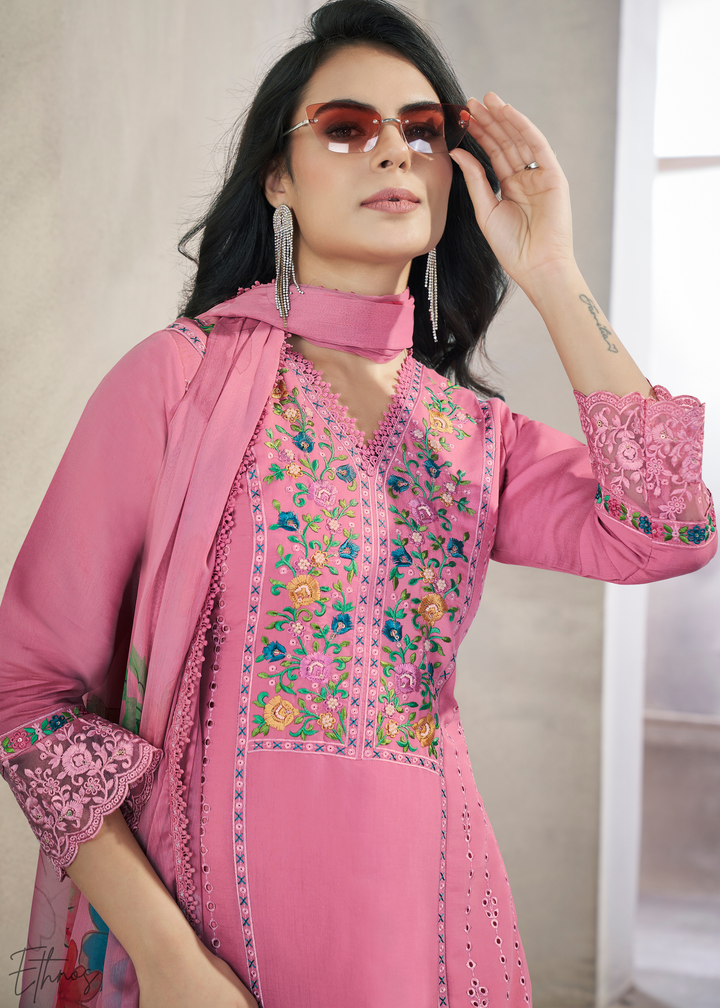 Pink Embellished Flora Silk Palazzo Suit