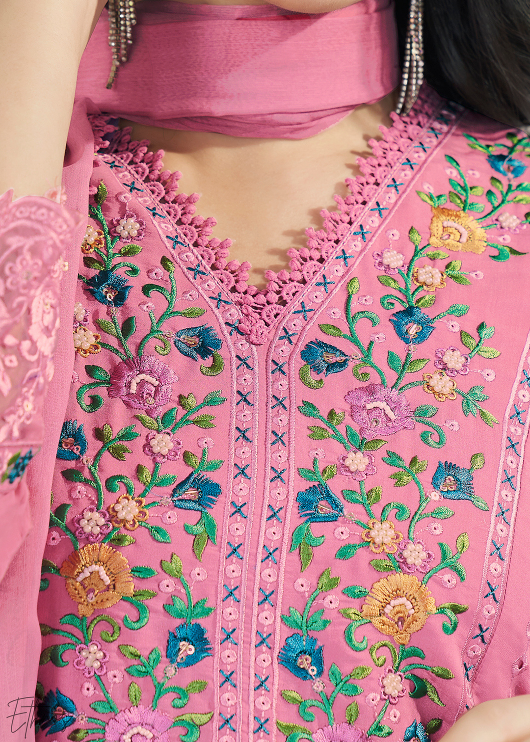 Pink Embellished Flora Silk Palazzo Suit