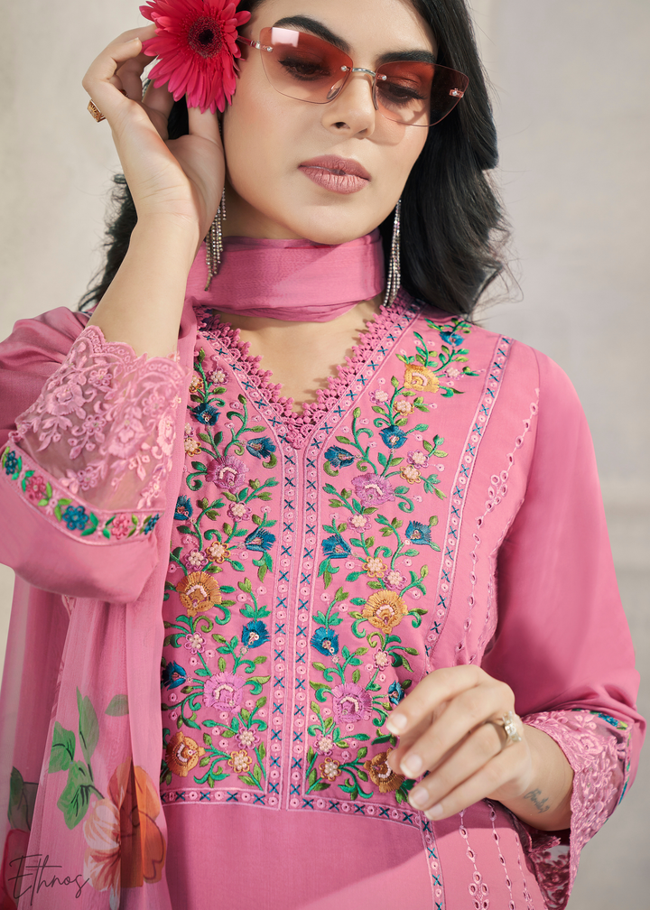 Pink Embellished Flora Silk Palazzo Suit