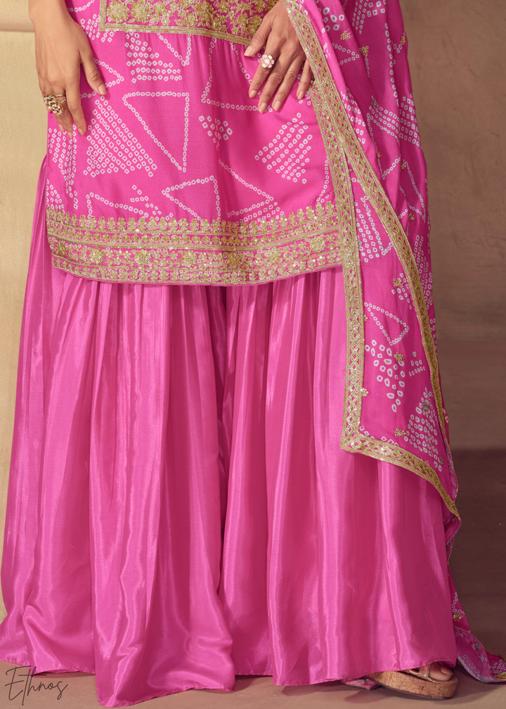 Pink Embroidered Bandhani Chinon Sharara Suit