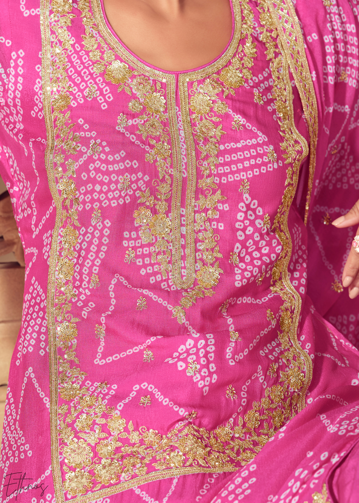 Pink Embroidered Bandhani Chinon Sharara Suit