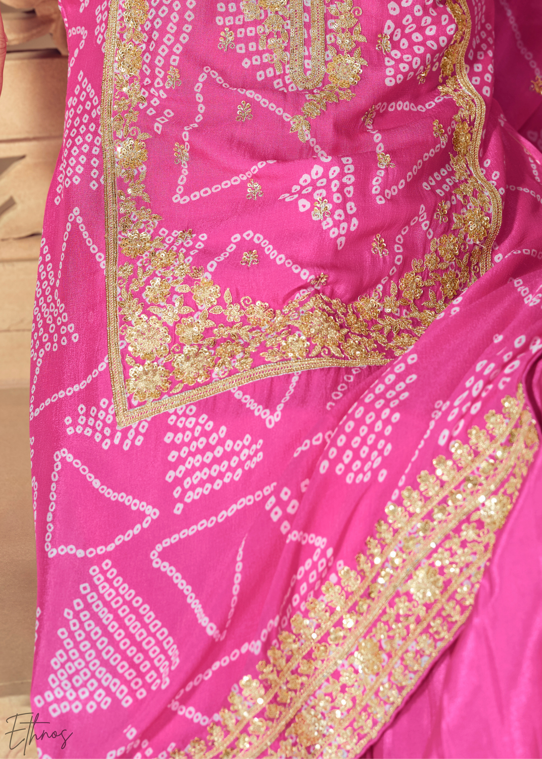 Pink Embroidered Bandhani Chinon Sharara Suit