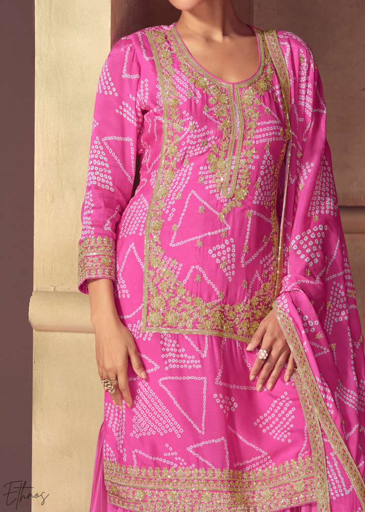 Pink Embroidered Bandhani Chinon Sharara Suit