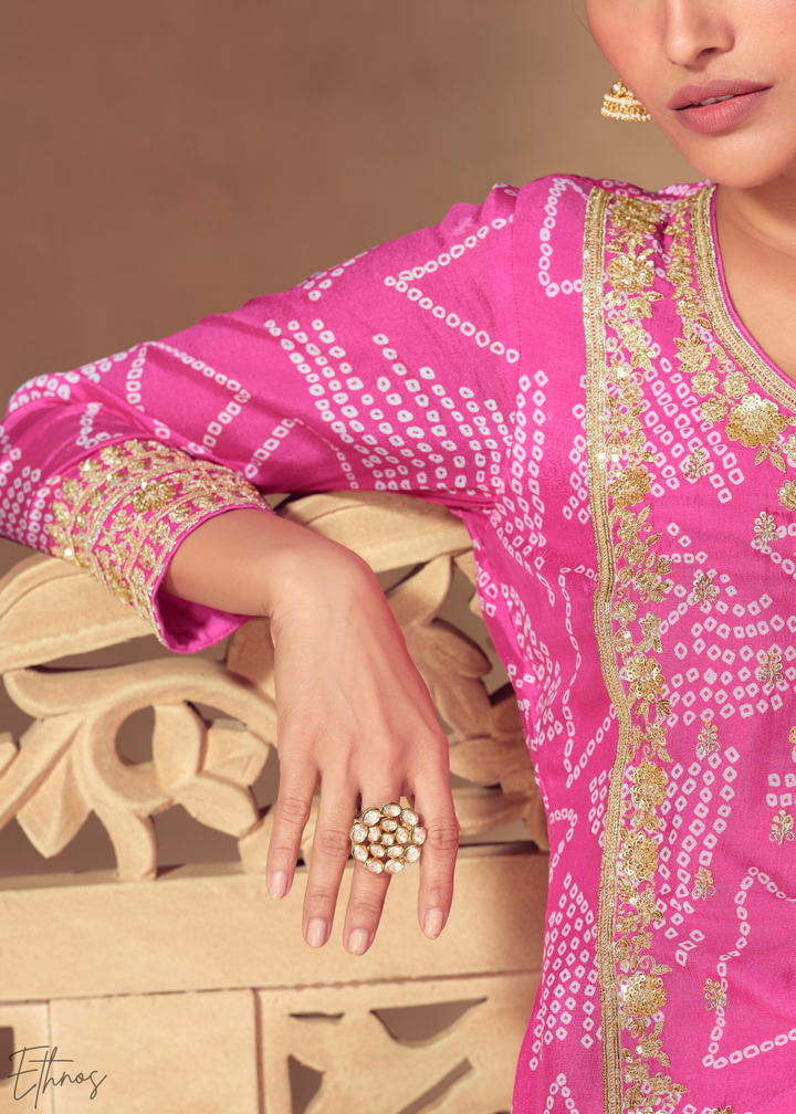 Pink Embroidered Bandhani Chinon Sharara Suit