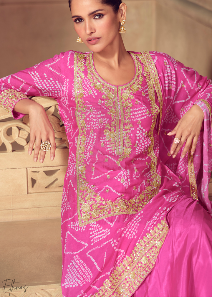 Pink Embroidered Bandhani Chinon Sharara Suit