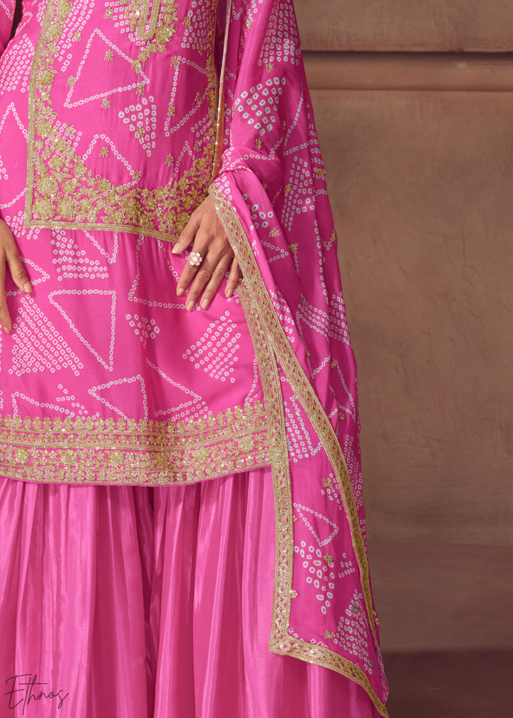 Pink Embroidered Bandhani Chinon Sharara Suit