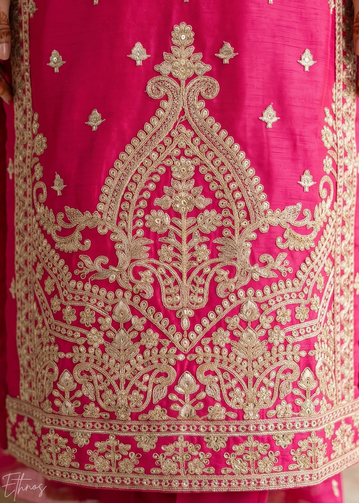 Pink Embroidered Chinon Palazzo Suit