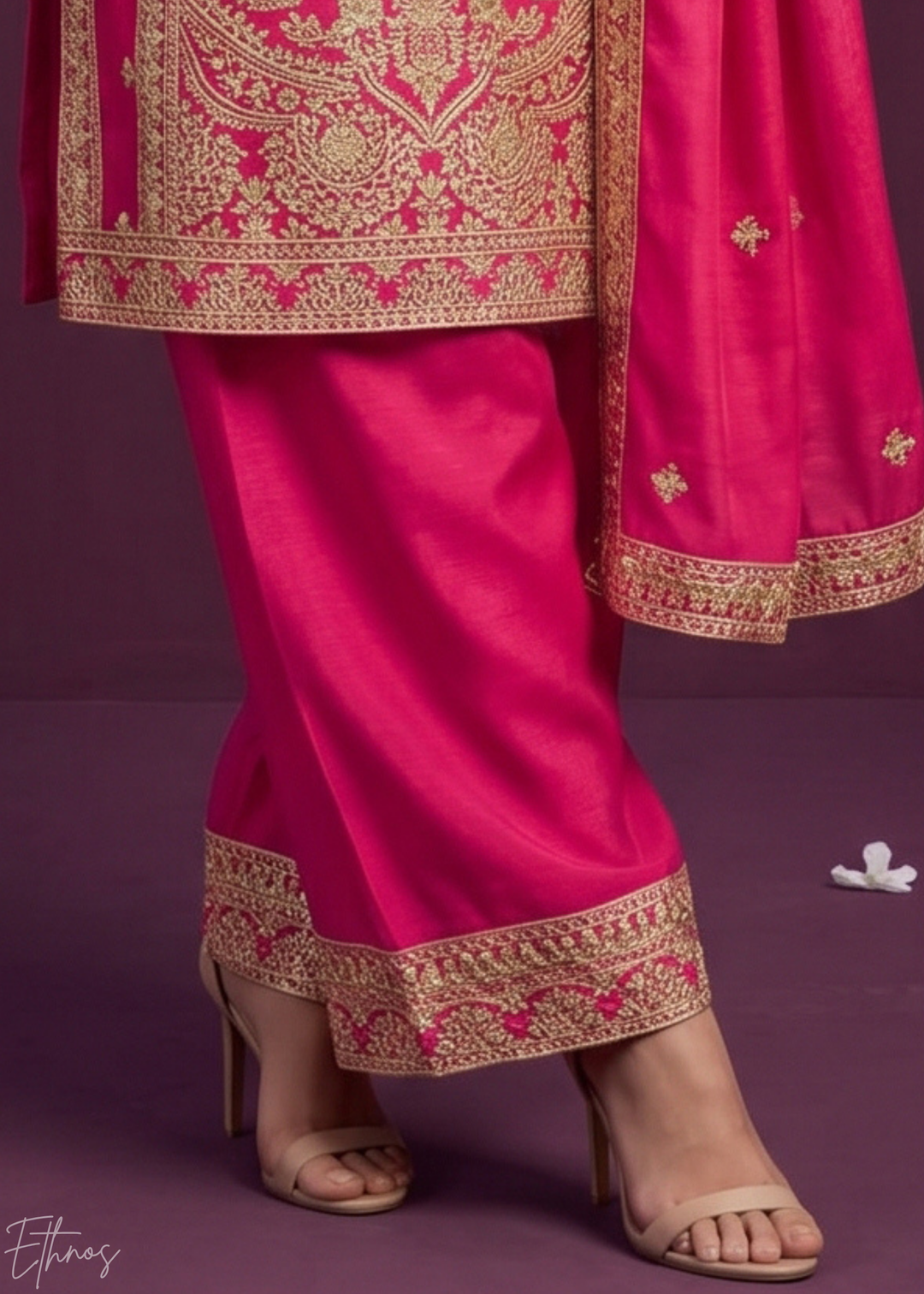 Pink Embroidered Chinon Palazzo Suit