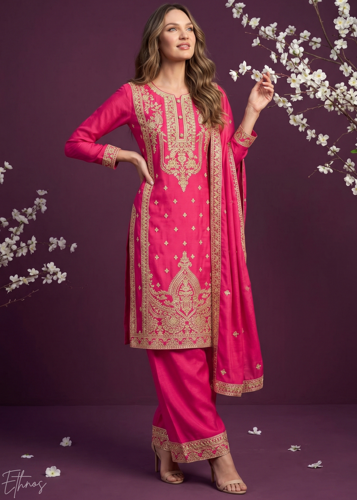 Pink Embroidered Chinon Palazzo Suit