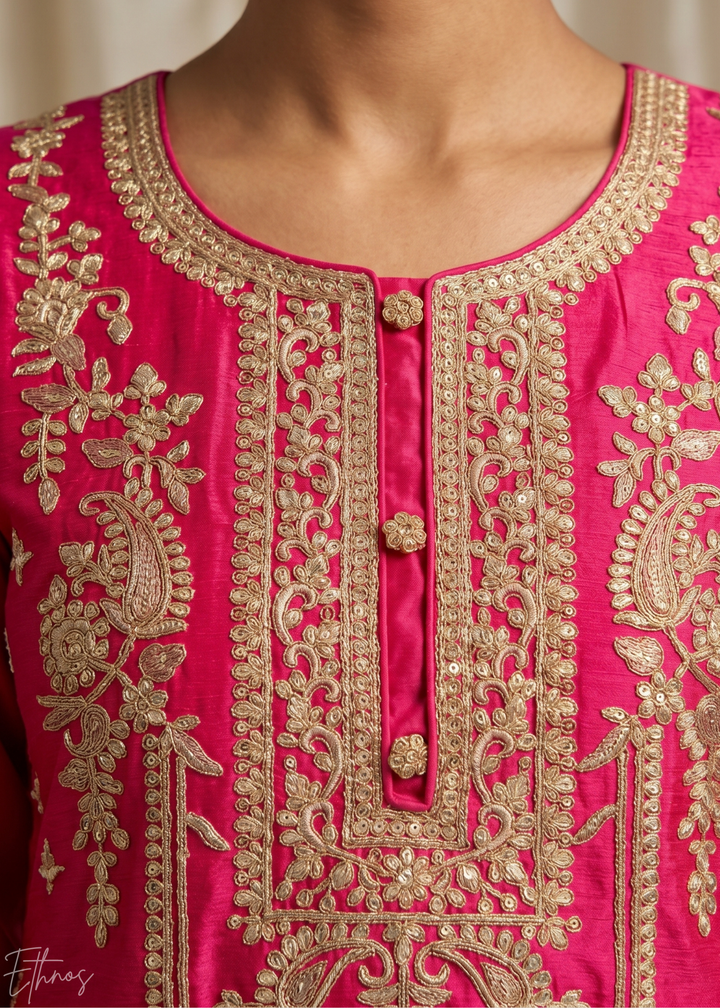 Pink Embroidered Chinon Palazzo Suit