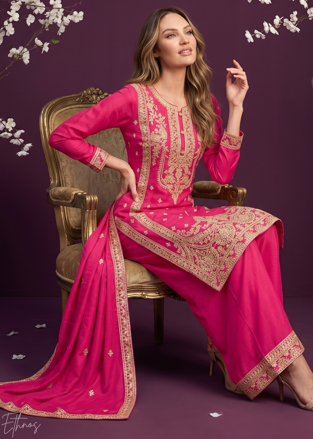 Pink Embroidered Chinon Palazzo Suit