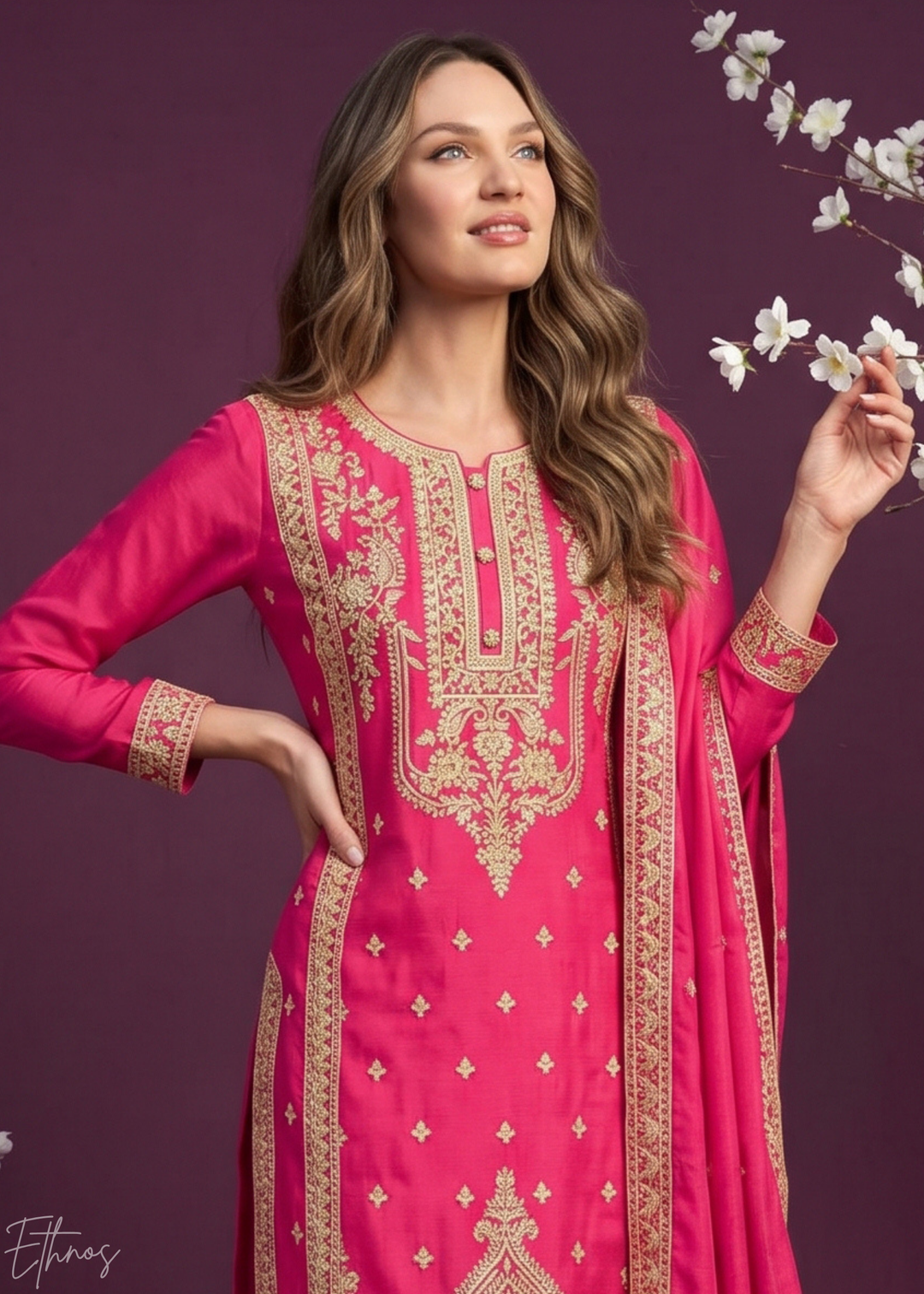 Pink Embroidered Chinon Palazzo Suit