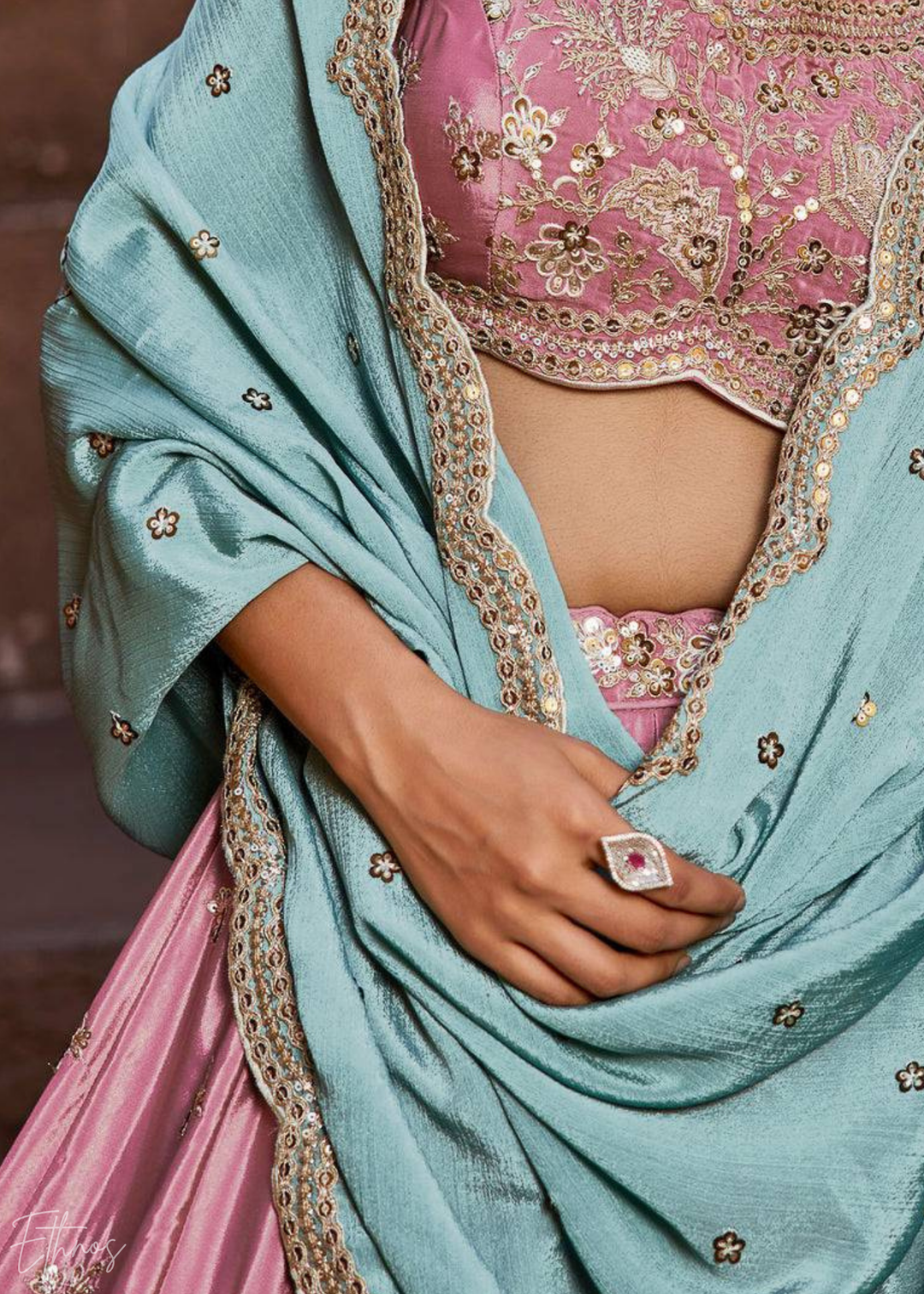 Pink Embroidered Scalloped-Border Silk Lehenga