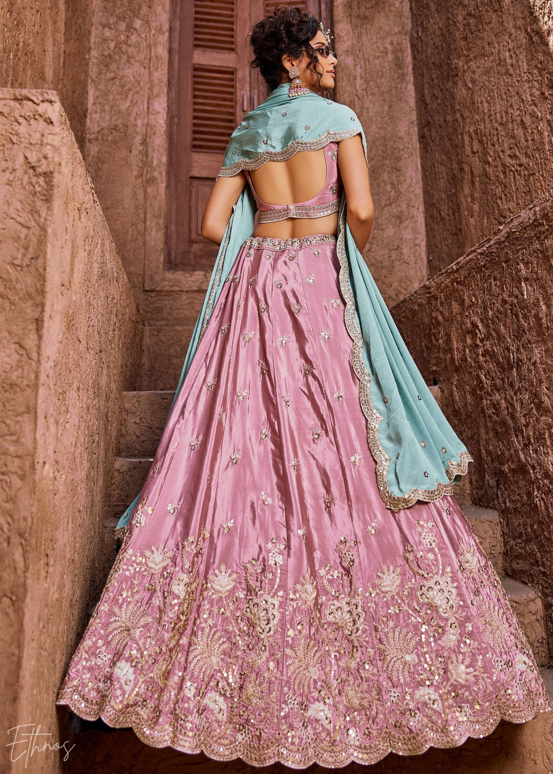 Pink Embroidered Scalloped-Border Silk Lehenga