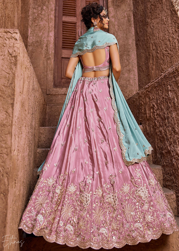 Pink Embroidered Scalloped-Border Silk Lehenga