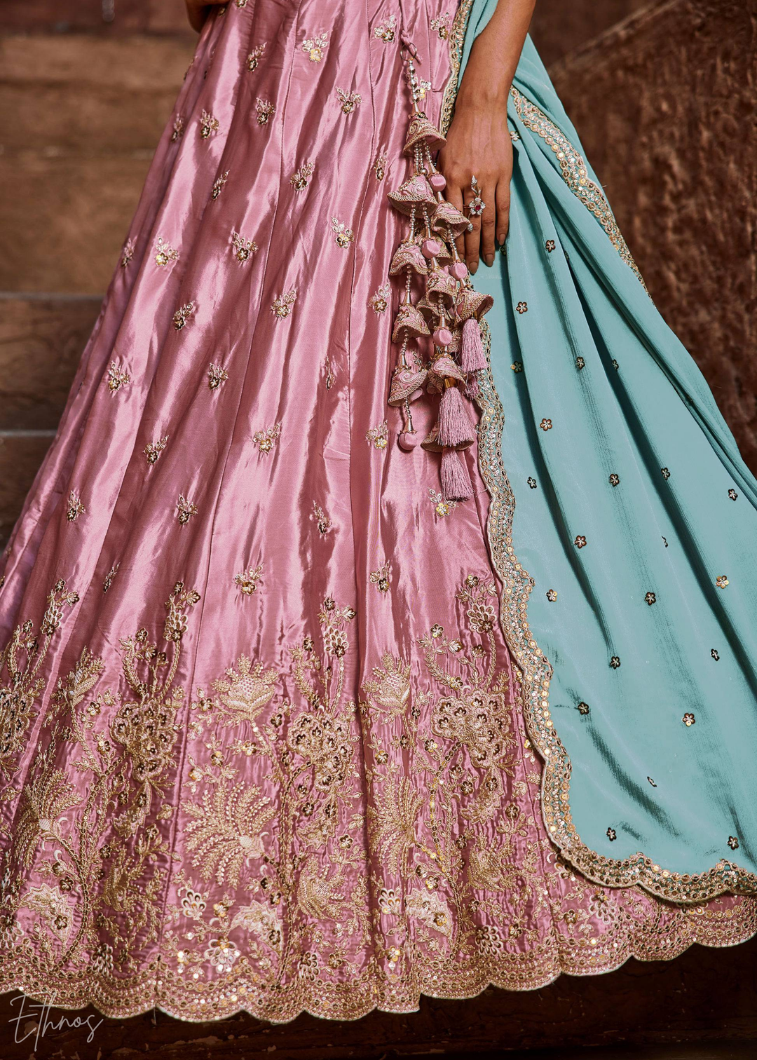 Pink Embroidered Scalloped-Border Silk Lehenga