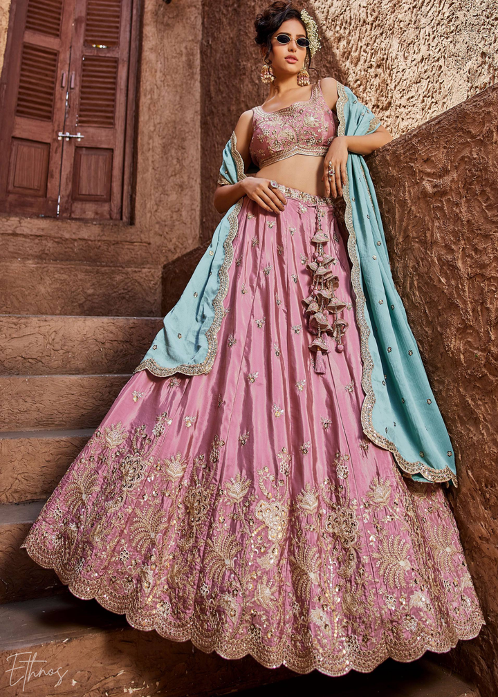 Pink Embroidered Scalloped-Border Silk Lehenga