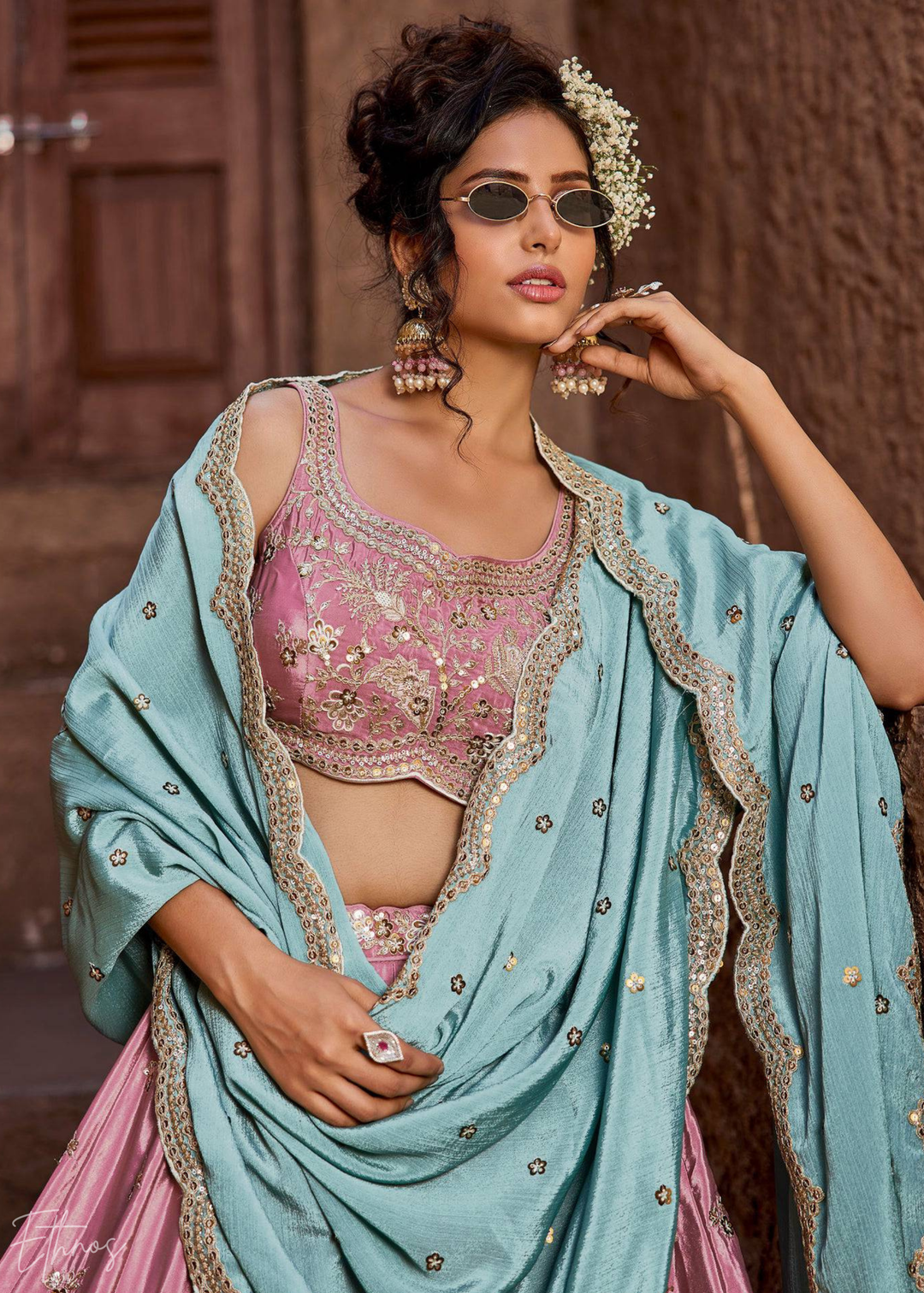 Pink Embroidered Scalloped-Border Silk Lehenga