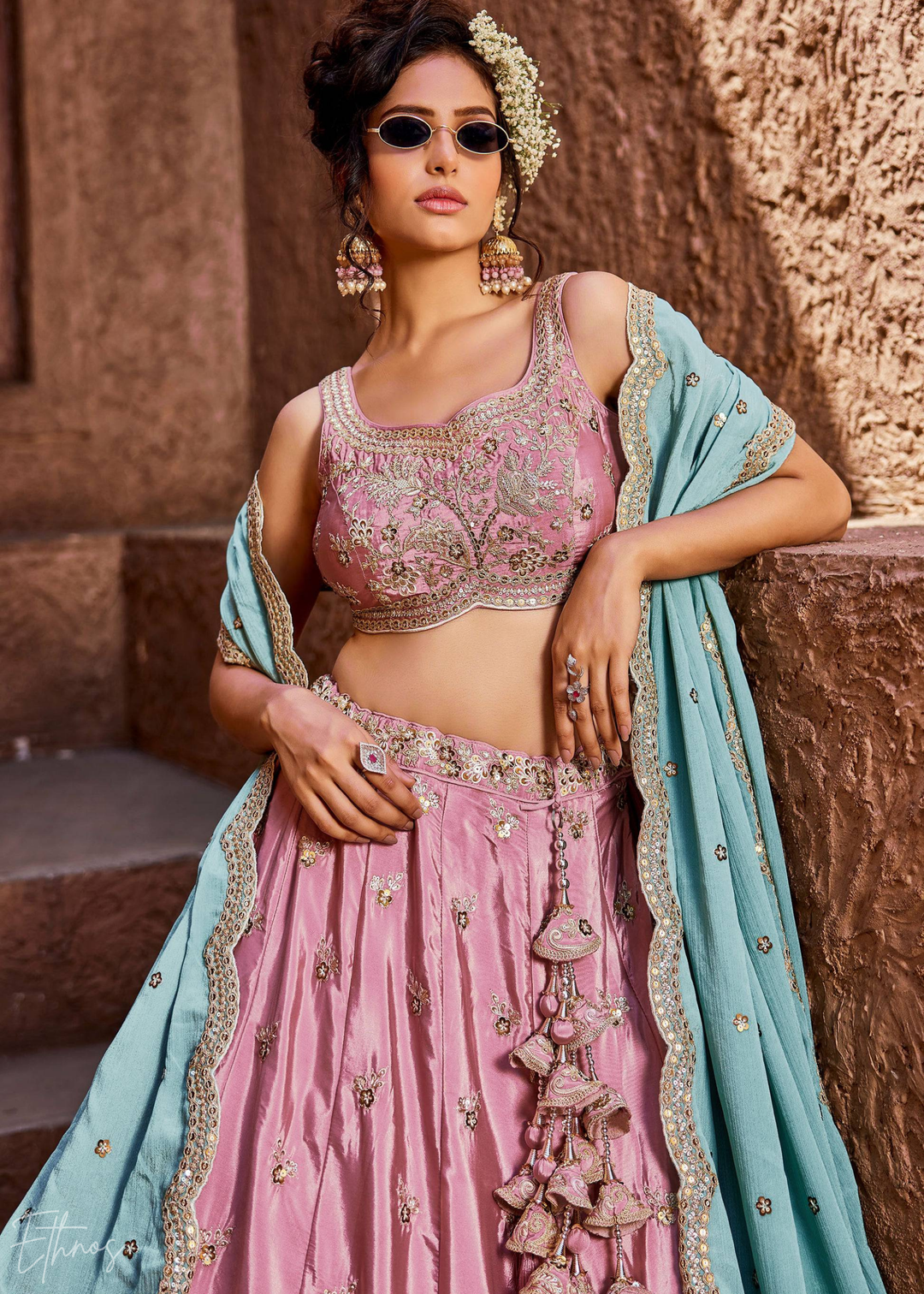 Pink Embroidered Scalloped-Border Silk Lehenga