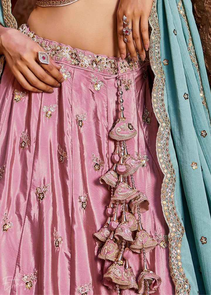 Pink Embroidered Scalloped-Border Silk Lehenga