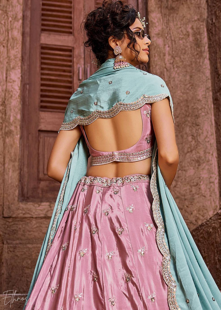 Pink Embroidered Scalloped-Border Silk Lehenga