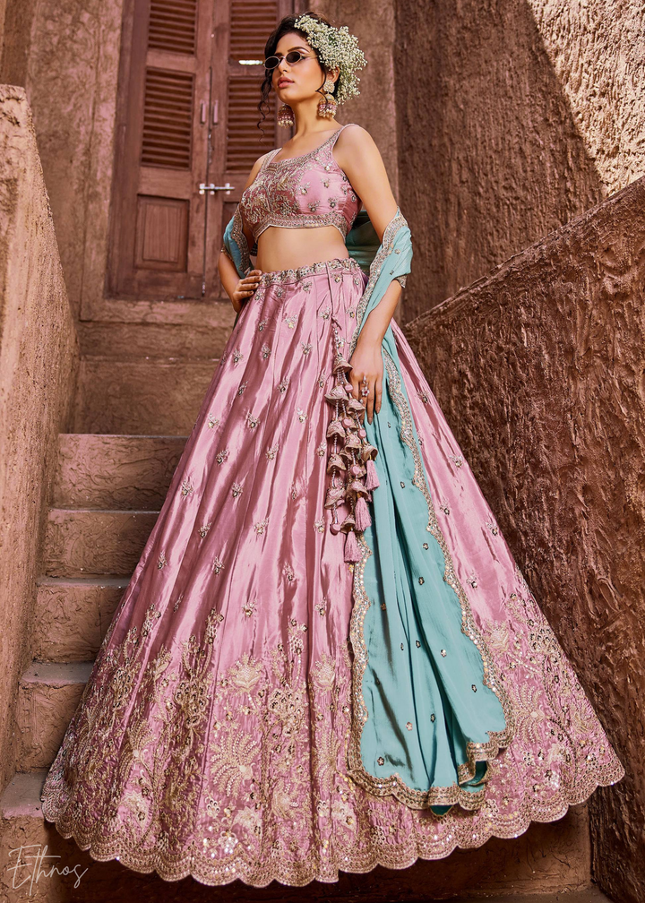 Pink Embroidered Scalloped-Border Silk Lehenga
