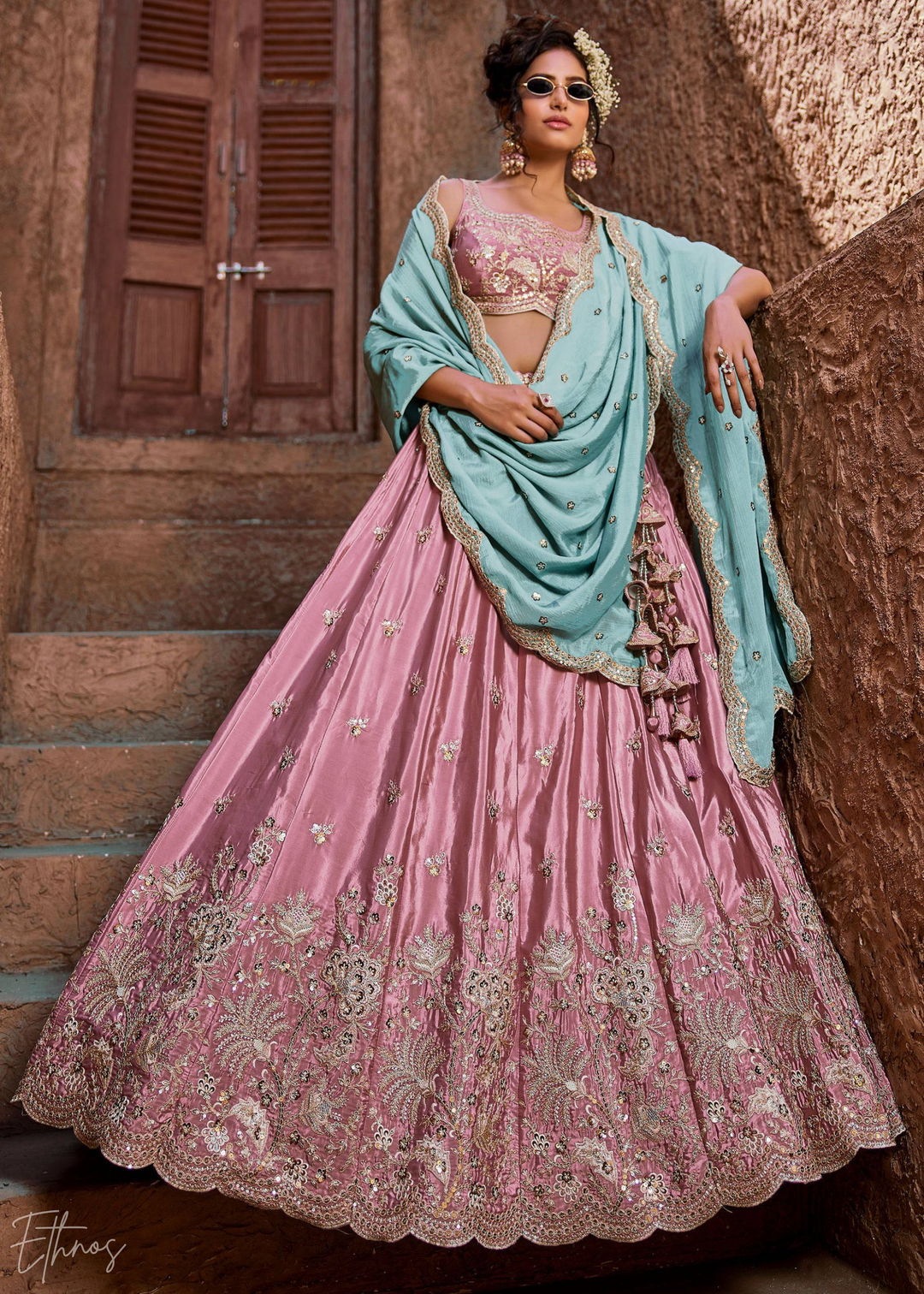 Pink Embroidered Scalloped-Border Silk Lehenga