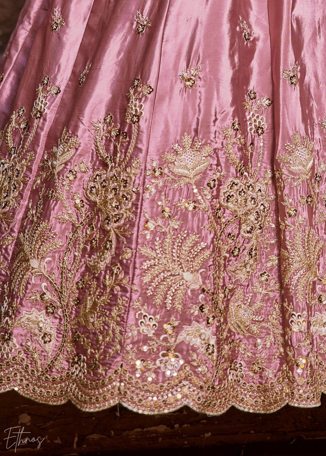 Pink Embroidered Scalloped-Border Silk Lehenga